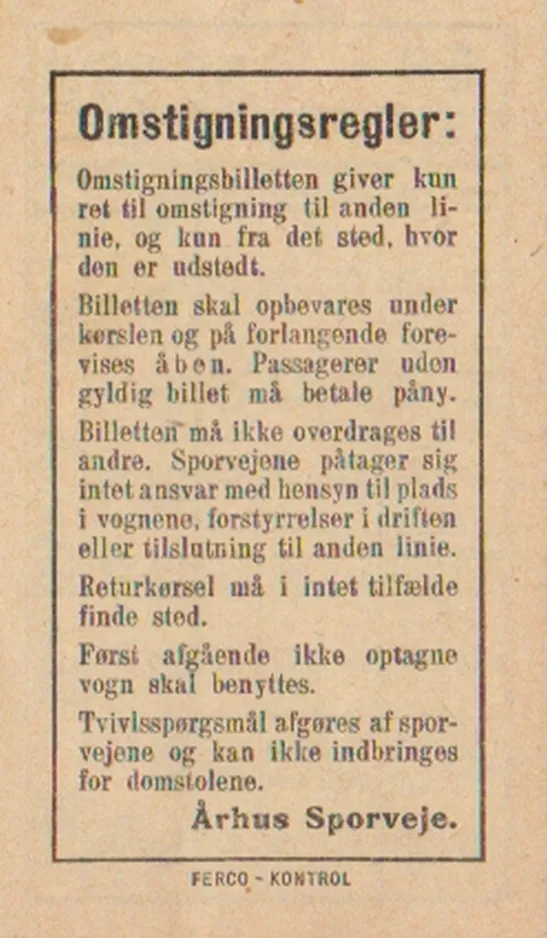 Transfer ticket for Århus Sporveje (ÅS), the back (1954)