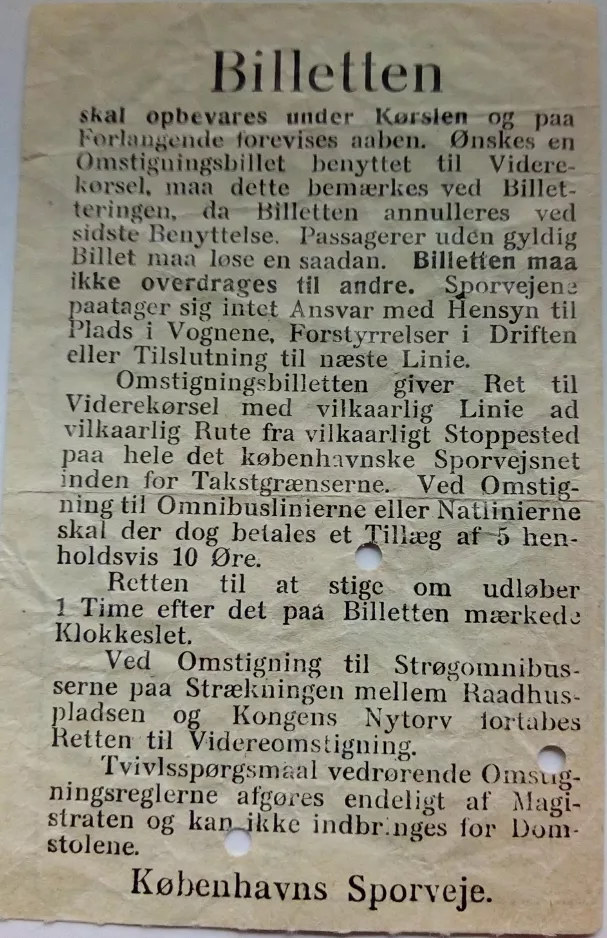 Transfer ticket for Københavns Sporveje (KS), the back (1944)