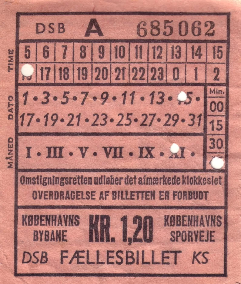 Transfer ticket for Københavns Sporveje (KS), the front  1.20 (1965)