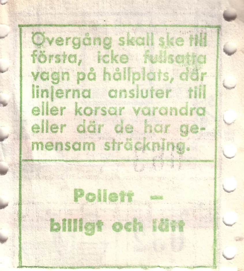 Transfer ticket for Malmö Lokaltrafik (ML), the back (1970)