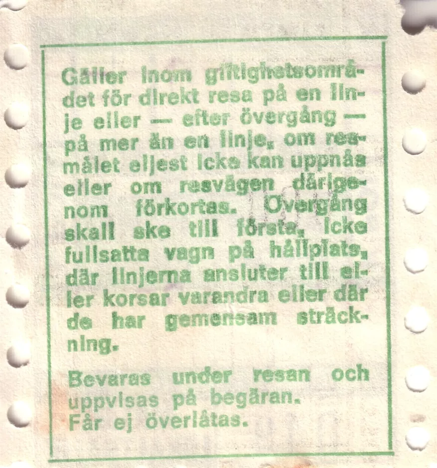 Transfer ticket for Malmö Lokaltrafik (ML), the back  ML (1971-1973)