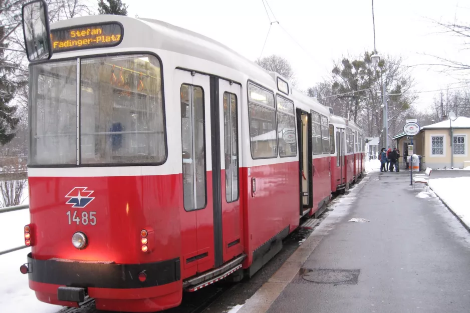 Vienna tram line 1 with sidecar 1465 at Prater Hauptallee (2013)