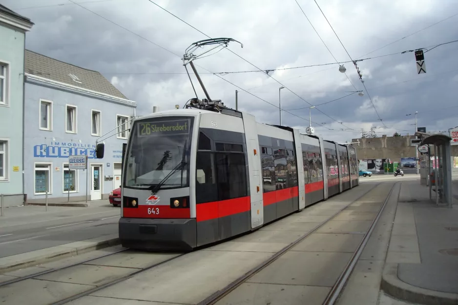 Vienna tram line 26 with low-floor articulated tram 643 at Kagraner Platz (2010)