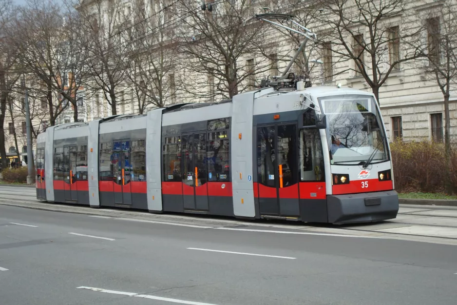 Vienna tram line 44 with low-floor articulated tram 35 near Landesgerichtsstr. (2014)