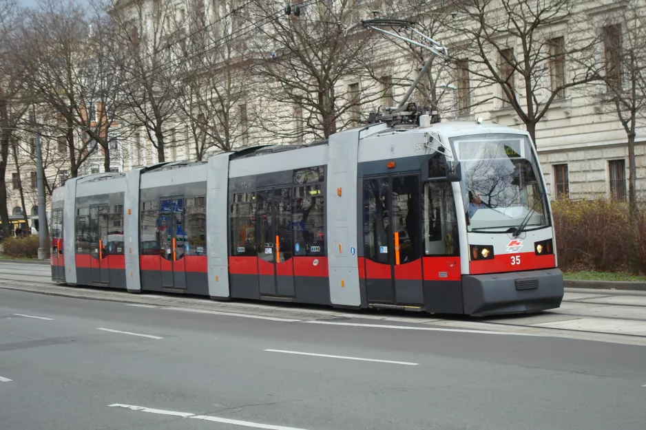 Vienna tram line 44 with low-floor articulated tram 35 on Universitätsstraße (2014)