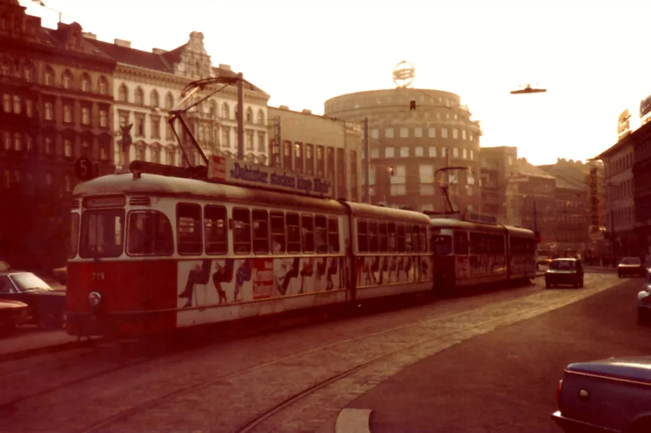 Vienna tram line 5 with articulated tram 719 on Mariahilfer Gürtel (1982)