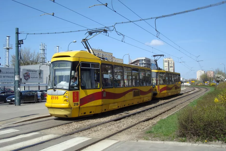 Warsaw tram line 22 with railcar 2116 at Muzeum Powstania Warszawskiego (2011)