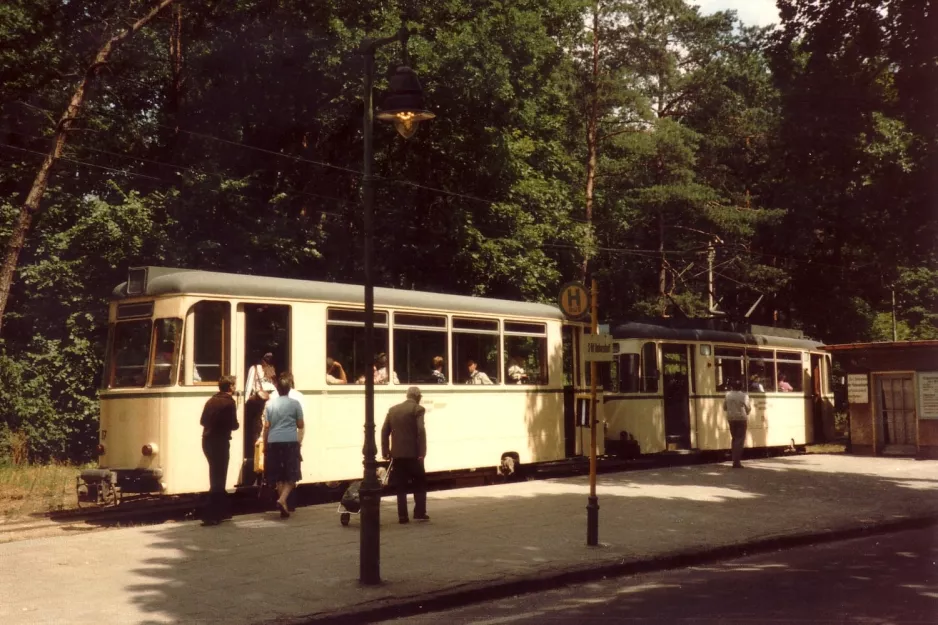 Woltersdorf tram line 87 with sidecar 87 at Rahnsdorf (1983)