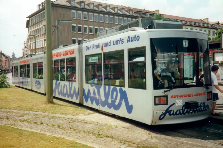 Würzburg extra line 1 with low-floor articulated tram 268 near Hauptbahnhof (1998)