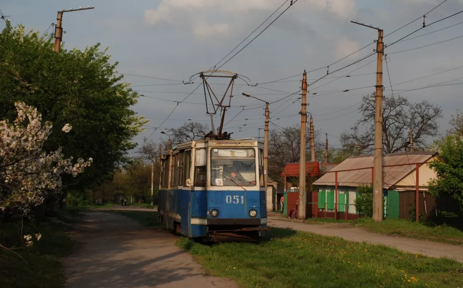 Yenakiieve tram line 3 with railcar 051 on Lermontova Ulitsa (2011)