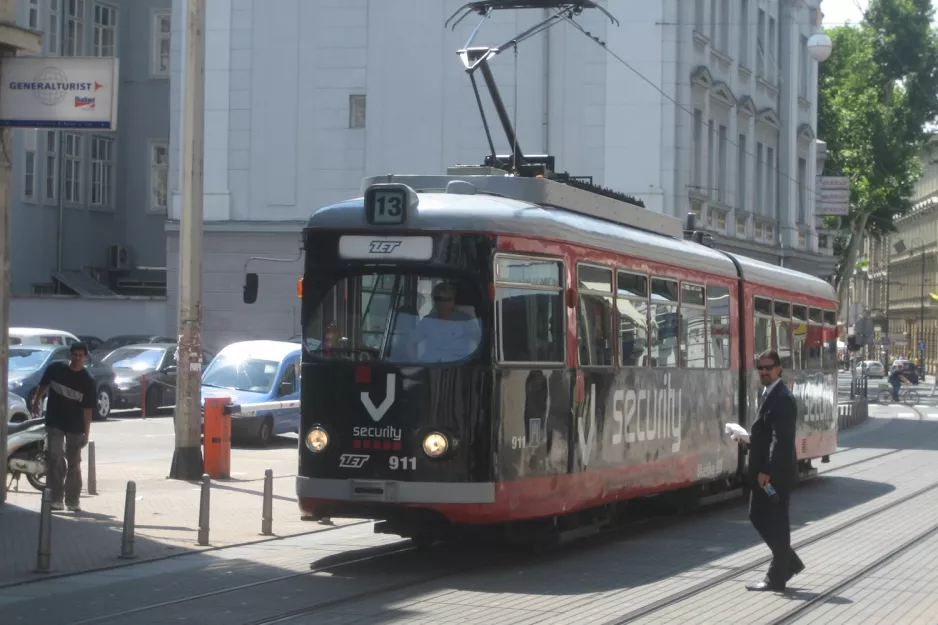 Zagreb tram line 13 with articulated tram 911 on Praška ul. (2008)