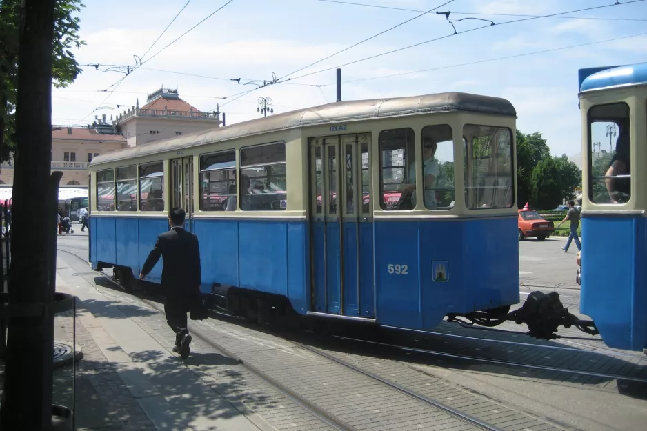 Zagreb tram line 2 with sidecar 592 on Trg kralja Tomislava (2008)