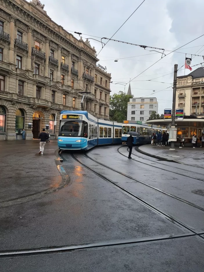 Zürich tram line 13 with low-floor articulated tram 3053 at Paradeplatz (2021)