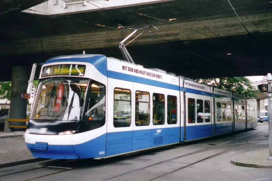 Zürich tram line 4 with low-floor articulated tram 3005 at Escher-Wyss-Platz (2005)