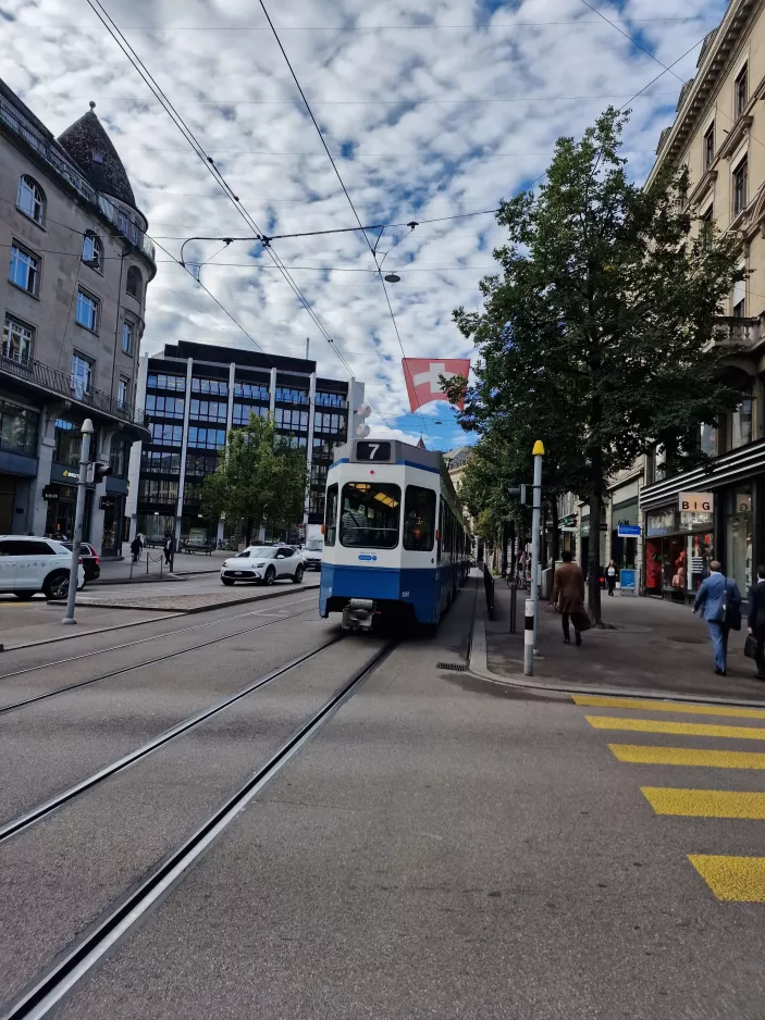 Zürich tram line 7 with articulated tram 2067 at Bahnhofstr. / HB (2023)