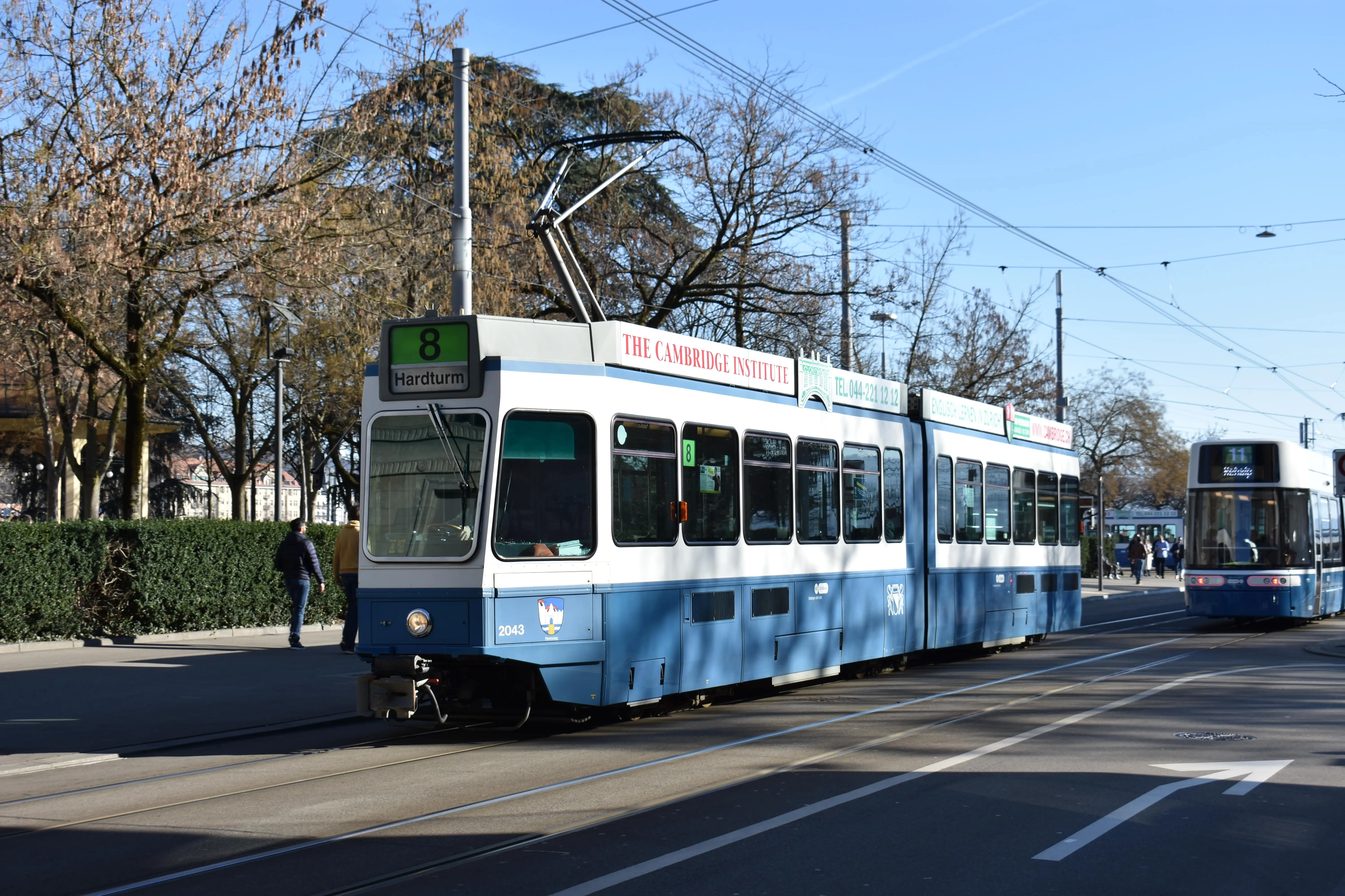 Zürich tram line 8 with articulated tram 2043 on Theaterstrasse