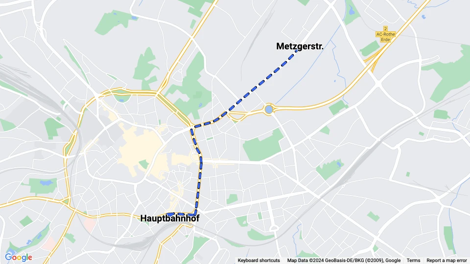 Aachen tram line 1: Metzgerstr. - Hauptbahnhof route map