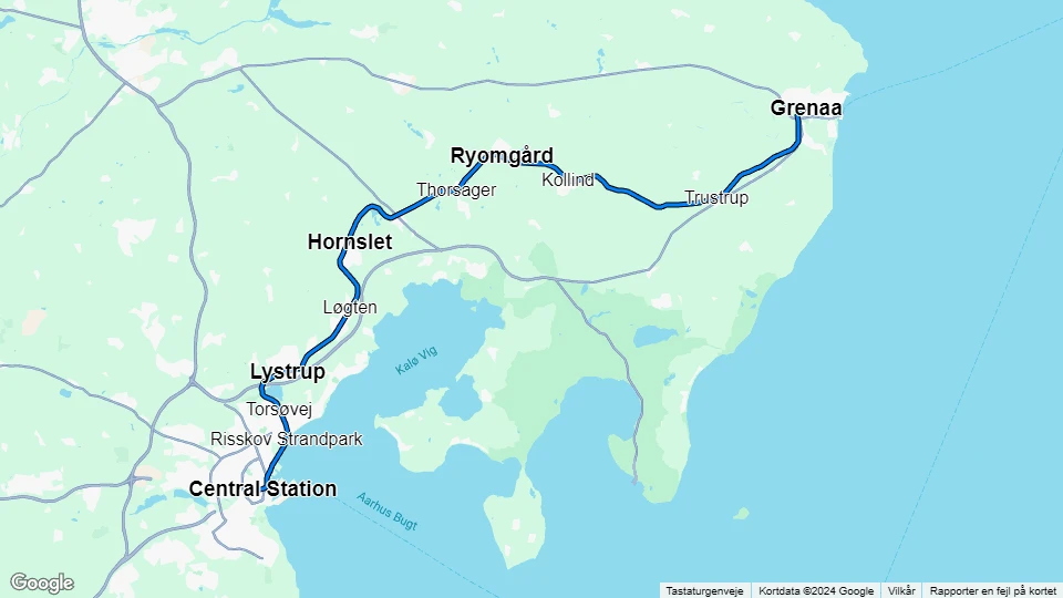 Aarhus light rail line L1: Grenaa - Central Station route map