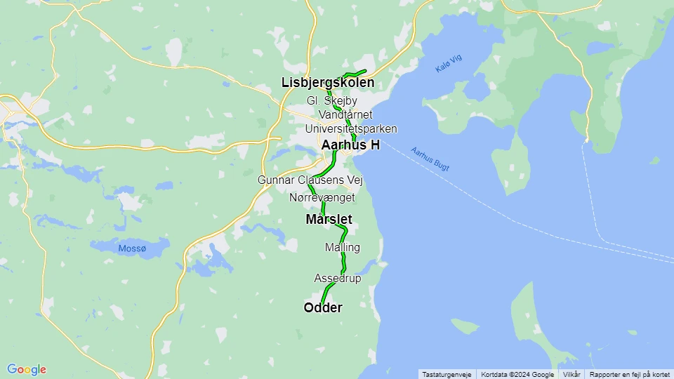 Aarhus light rail line L2: Odder - Lystrup route map