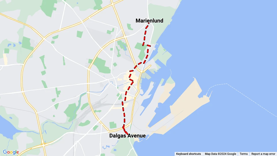 Aarhus tram line 1: Marienlund - Dalgas Avenue route map