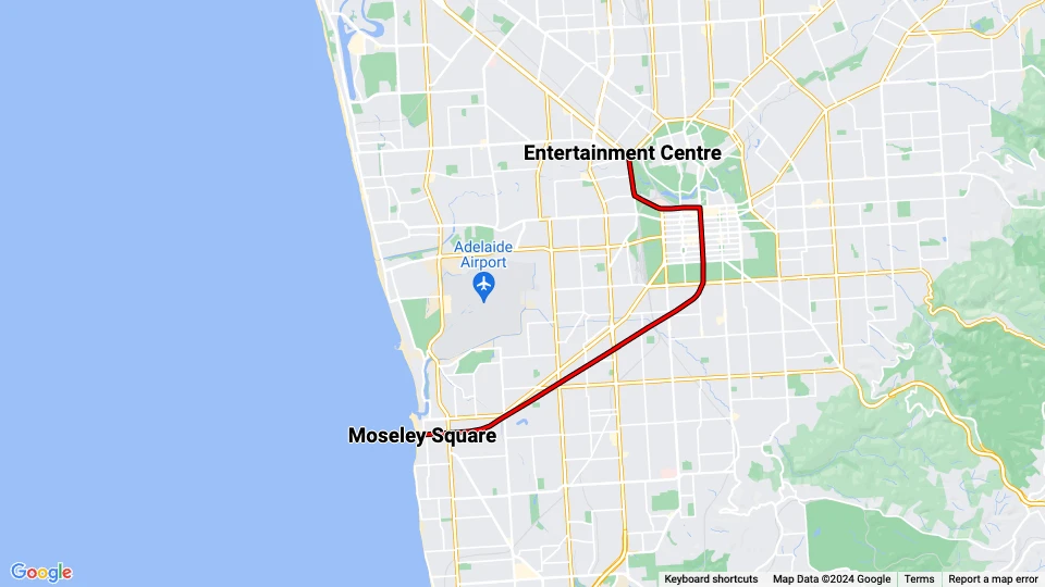 Adelaide Glenelg Tram: Entertainment Centre - Moseley Square route map