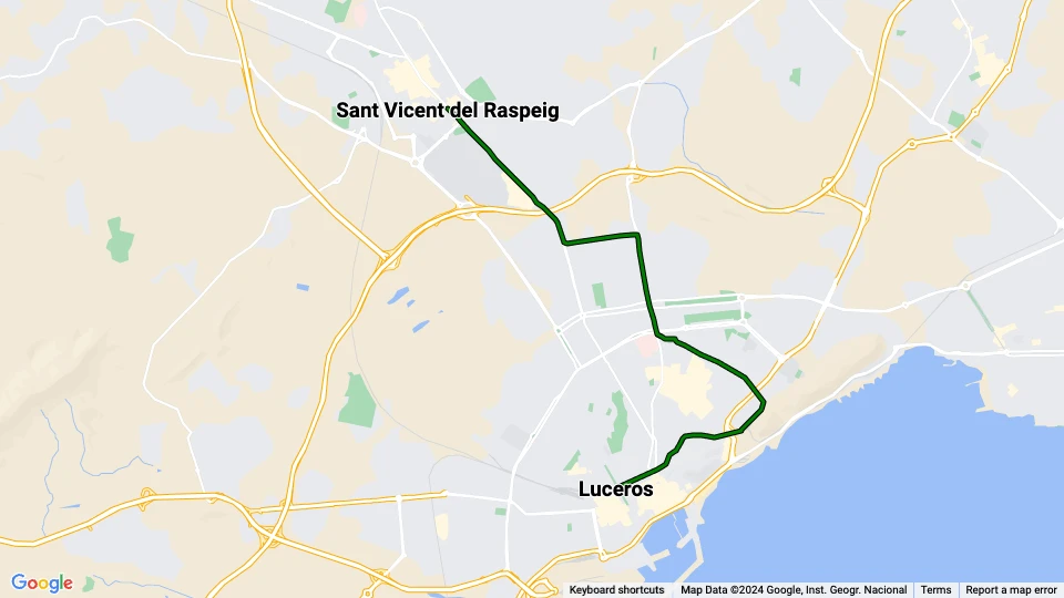 Alicante tram line L2: Luceros - Sant Vicent del Raspeig route map