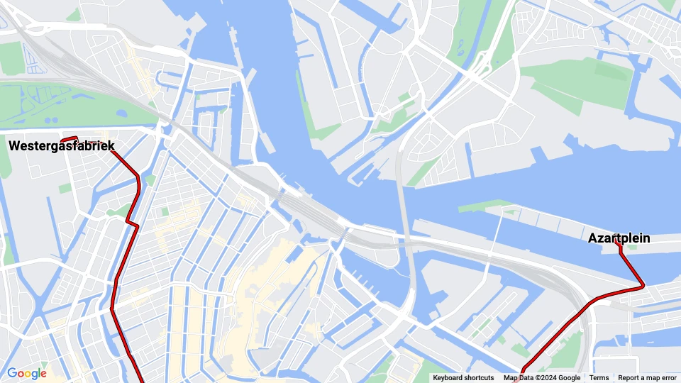 Amsterdam tram line 10: Westergasfabriek - Azartplein route map