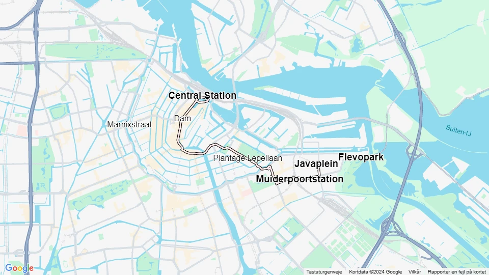 Amsterdam tram line 14: Central Station - Javaplein route map