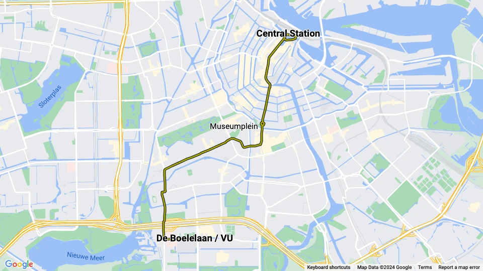 Amsterdam tram line 16: Central Station - De Boelelaan / VU route map