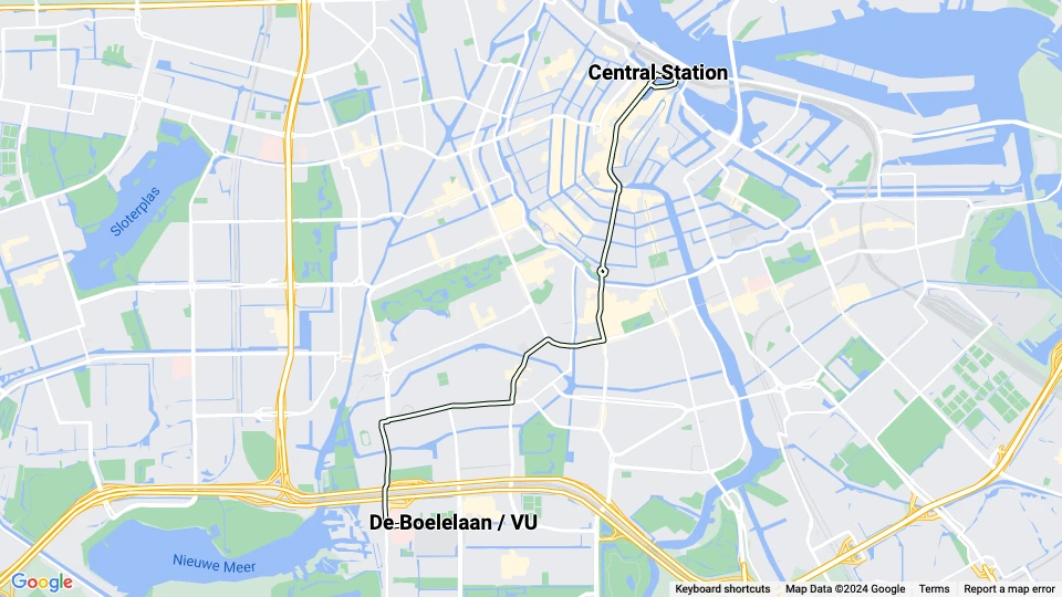 Amsterdam tram line 24: Central Station - De Boelelaan / VU route map