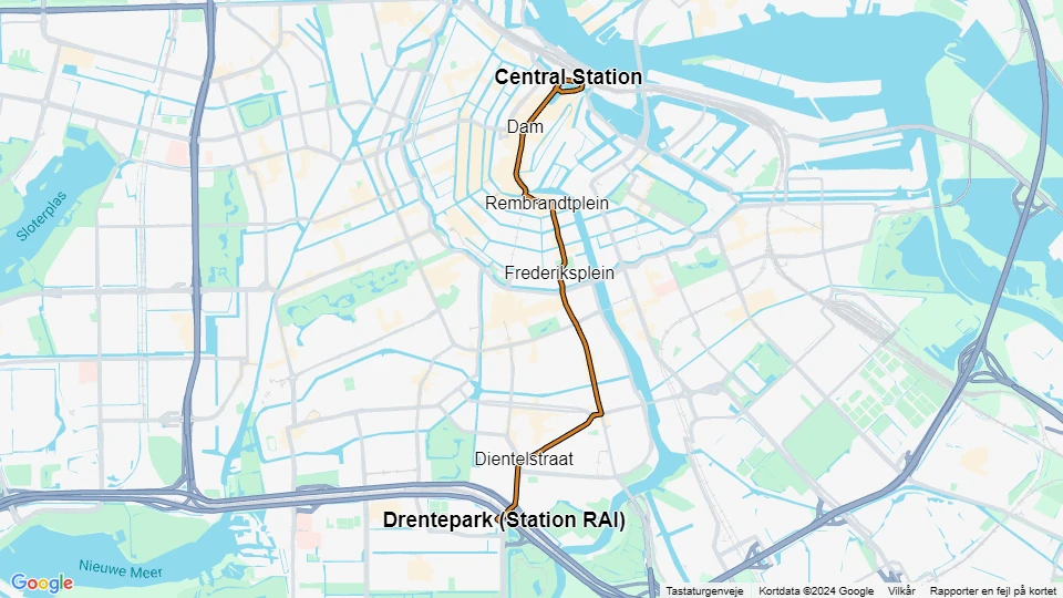 Amsterdam tram line 4: Central Station - Drentepark route map