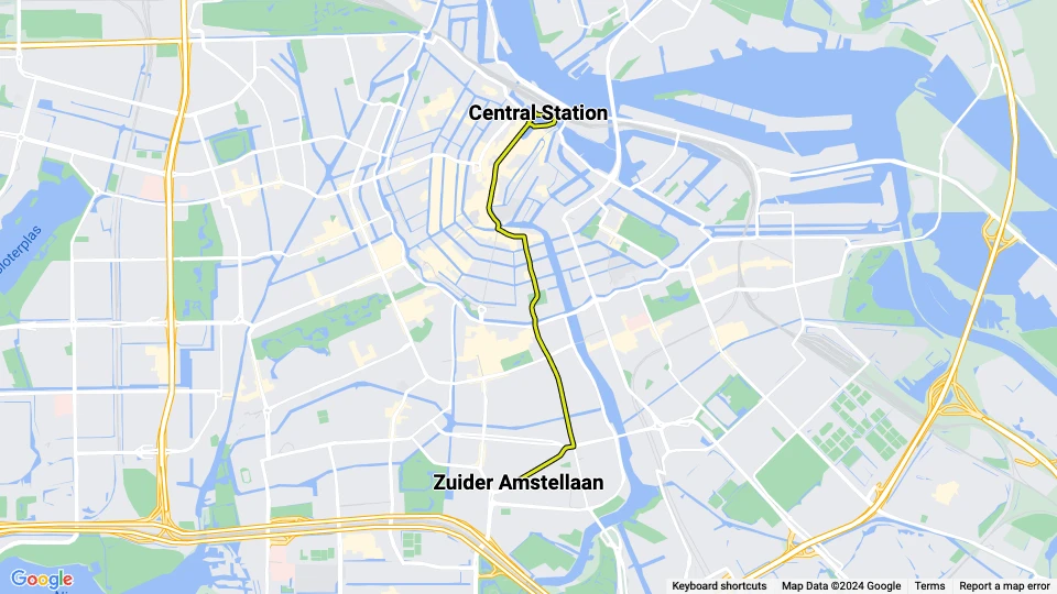 Amsterdam tram line 8: Central Station - Zuider Amstellaan route map