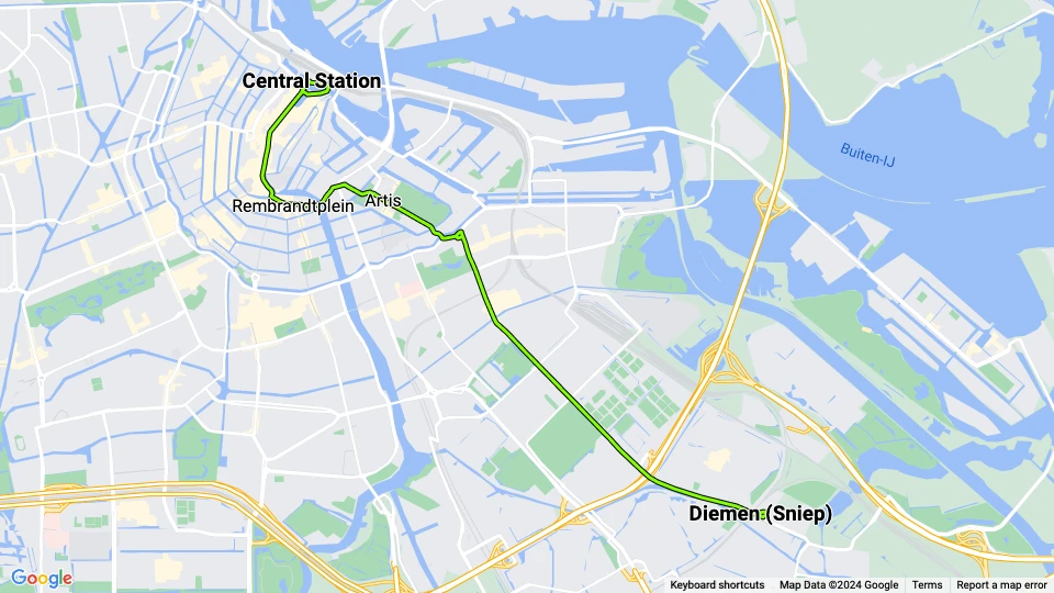 Amsterdam tram line 9: Central Station - Diemen (Sniep) route map