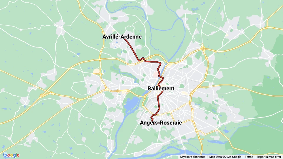 Angers tram line A: Angers-Roseraie - Avrillé-Ardenne route map
