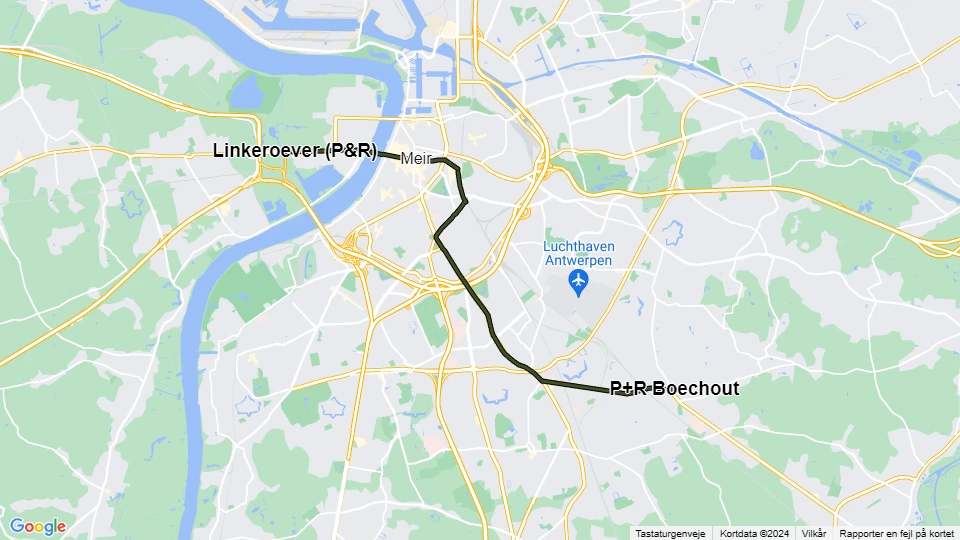 Antwerp tram line 15: Linkeroever (P&R) - P+R Boechout route map