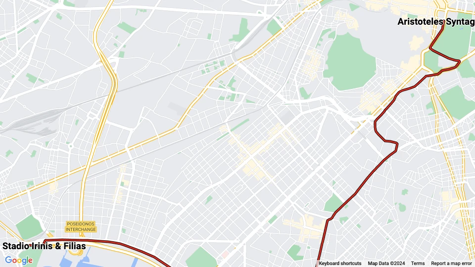 Athens tram line 4 Red: S.E.F Stadio Irinis & Filias - Aristoteles Syntagma route map