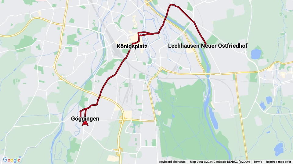 Augsburg tram line 1: Lechhausen Neuer Ostfriedhof - Göggingen route map