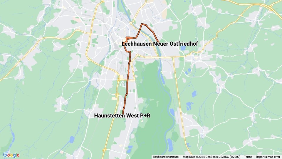 Augsburg tram line 13: Lechhausen Neuer Ostfriedhof - Haunstetten West P+R route map