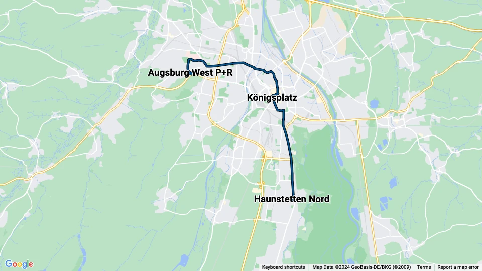 Augsburg tram line 2: Haunstetten Nord - Augsburg West P+R route map