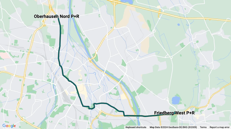Augsburg tram line 64: Friedberg West P+R - Oberhausen Nord P+R route map