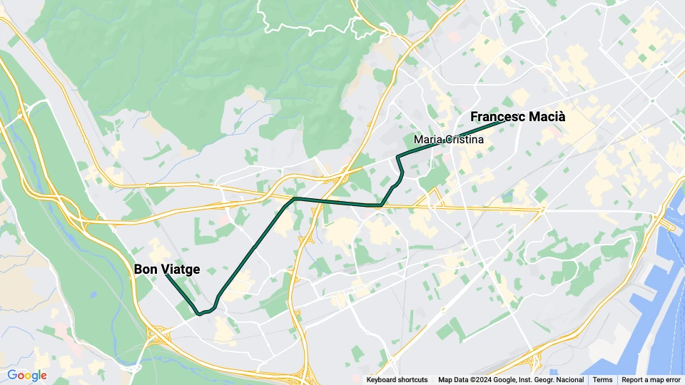 Barcelona tram line T1: Francesc Macià - Bon Viatge route map
