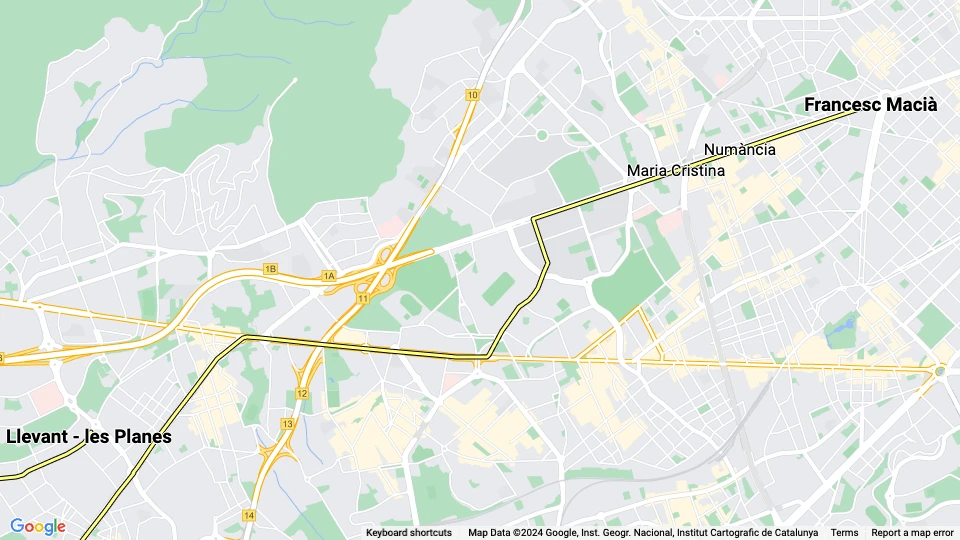 Barcelona tram line T2: Francesc Macià - Llevant - les Planes route map