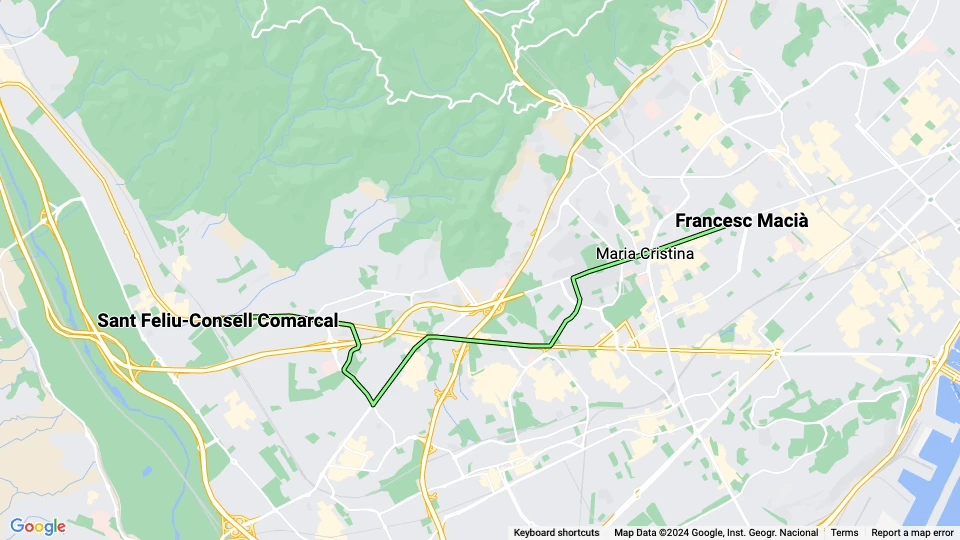 Barcelona tram line T3: Francesc Macià - Sant Feliu-Consell Comarcal route map