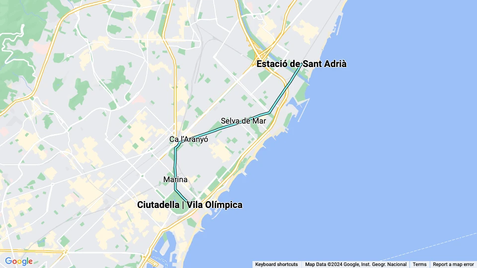 Barcelona tram line T4: Estació de Sant Adrià - Ciutadella | Vila Olímpica route map