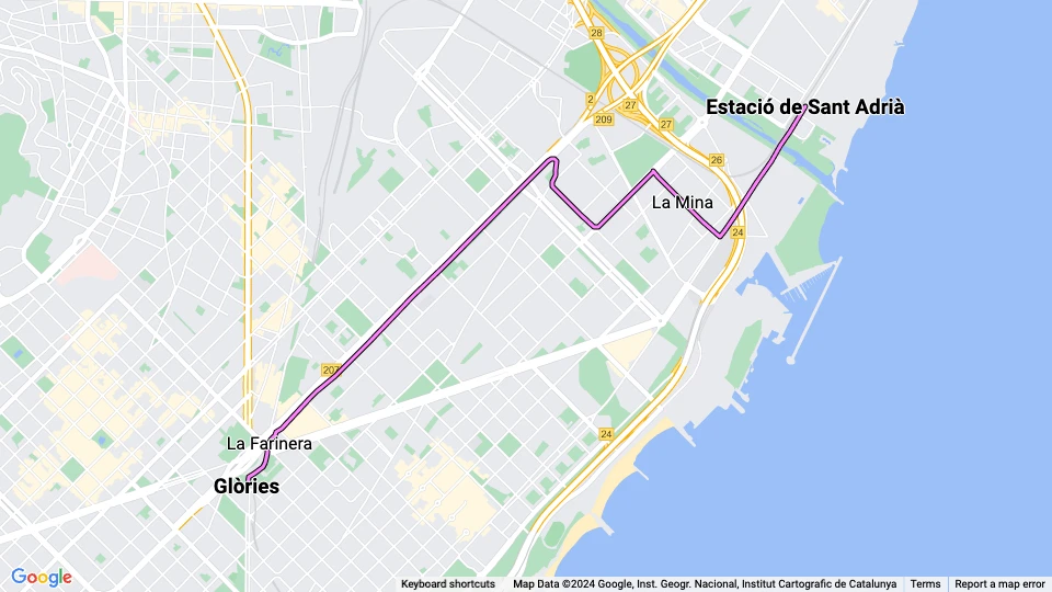 Barcelona tram line T6: Estació de Sant Adrià - Glòries route map