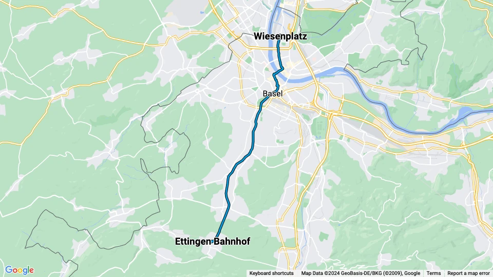 Basel extra line 17: Ettingen Bahnhof - Wiesenplatz route map