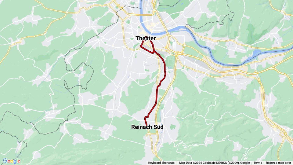 Basel extra line E11: Theater - Reinach Süd route map