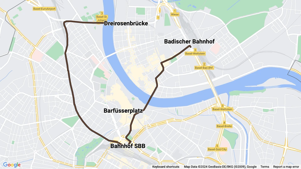 Basel tram line 1: Dreirosenbrücke - Badischer Bahnhof route map