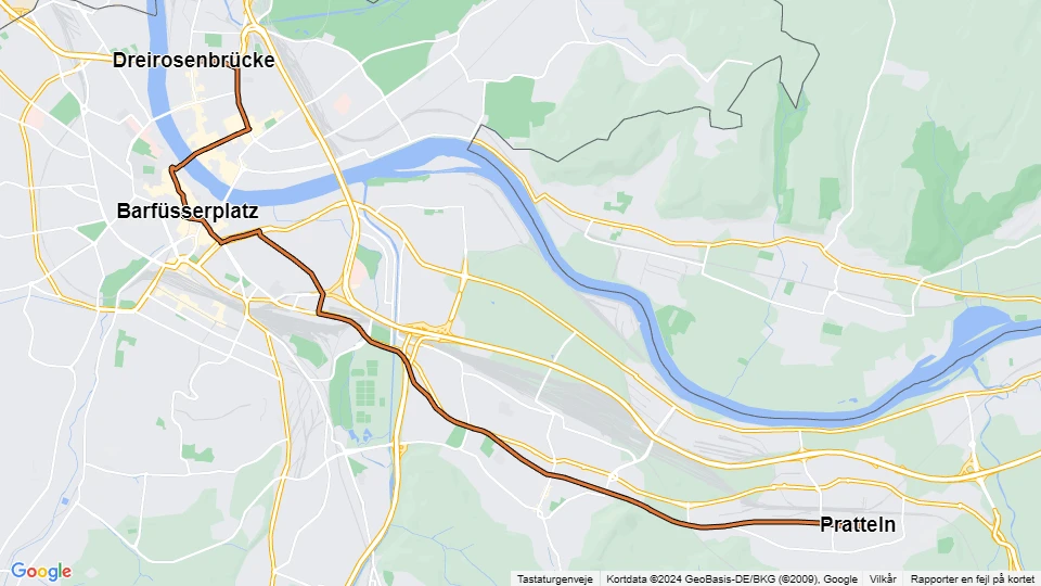 Basel tram line 14: Dreirosenbrücke - Pratteln route map