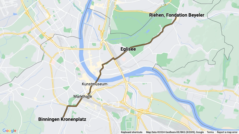 Basel tram line 2: Binningen Kronenplatz - Riehen, Fondation Beyeler route map